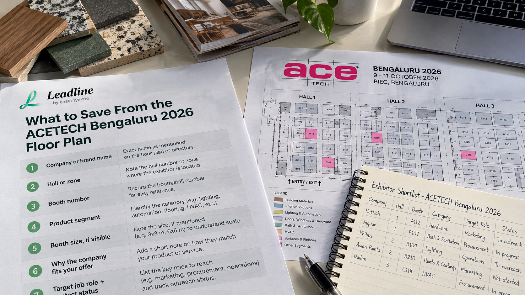 ACETECH Bengaluru 2026 floor plan research checklist showing booth, hall, product segment and target contact details for exhibitor outreach.
