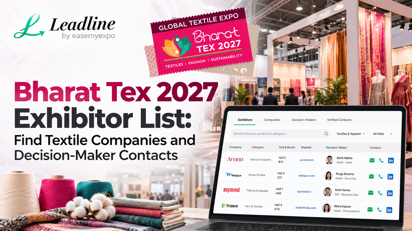 Bharat Tex 2027 exhibitor list with Leadline, textile companies, hall and booth details, and decision-maker contact data.