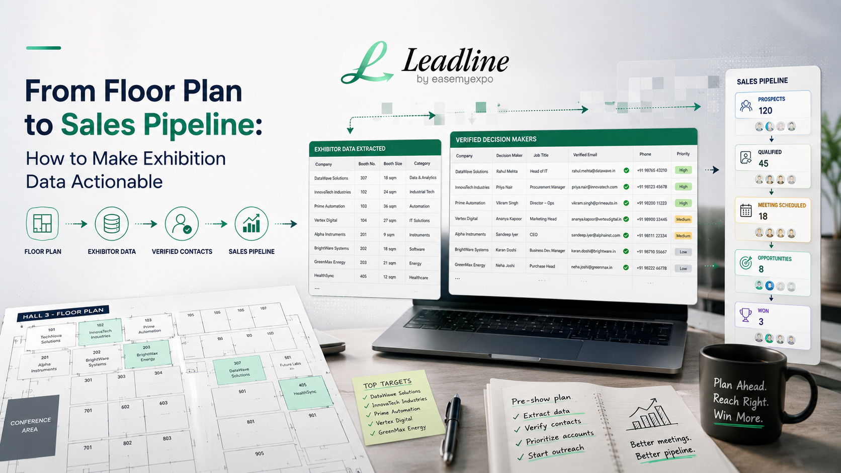 Trade show floor plan transformed into verified exhibitor contacts and a prioritized sales pipeline with Leadline
