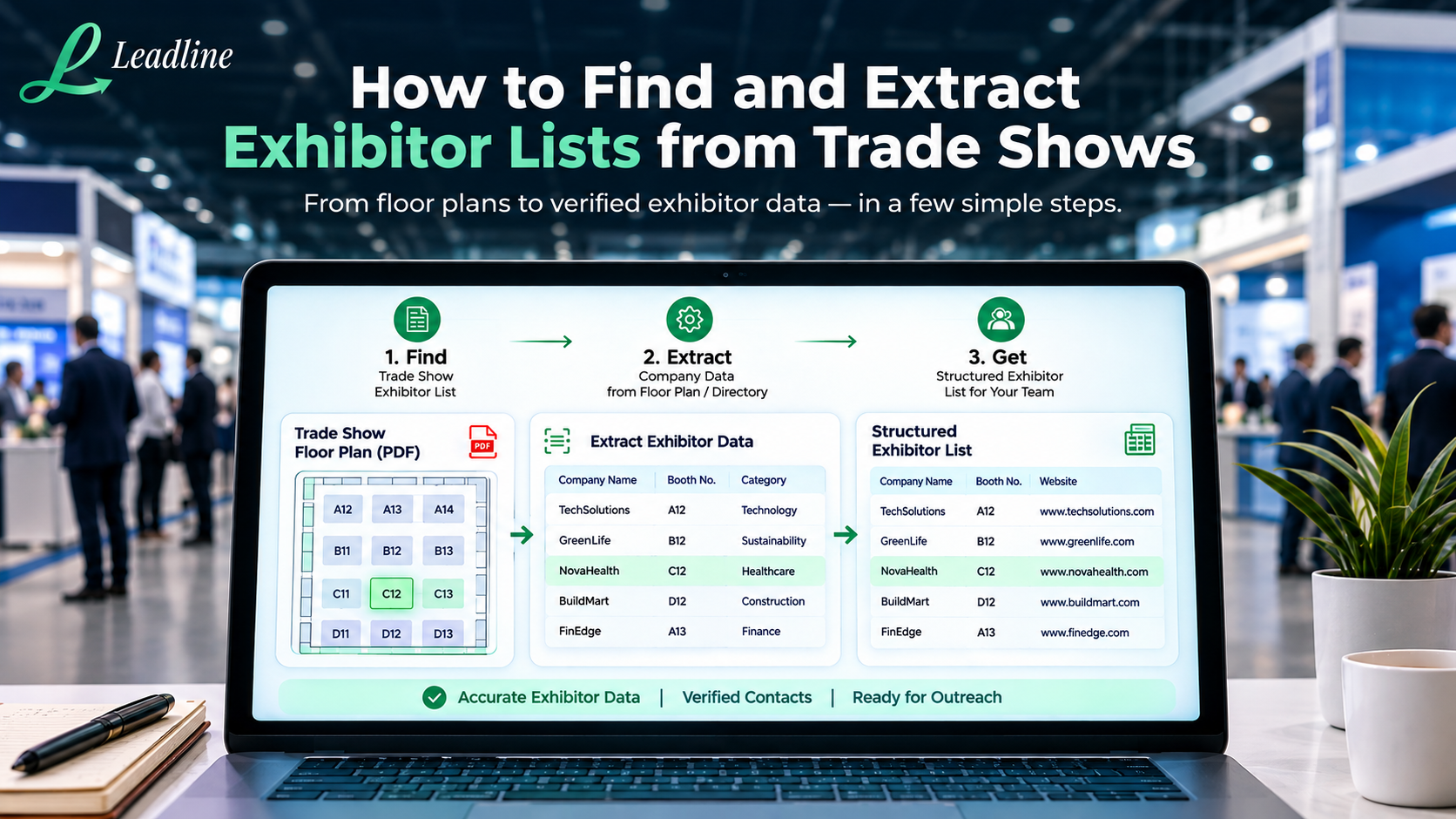 Trade show floor plan and exhibitor directory being converted into structured exhibitor data.