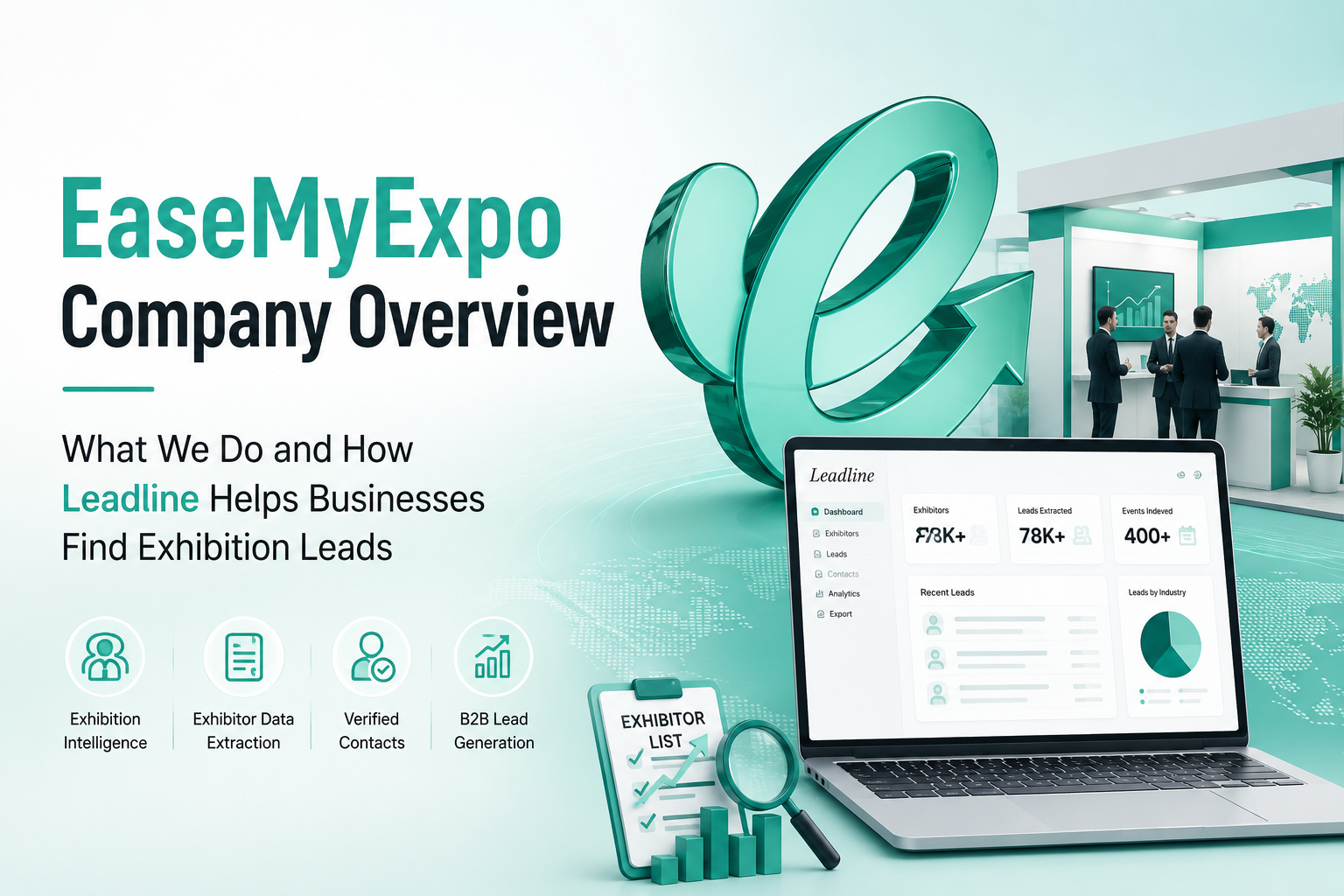 EaseMyExpo company overview featuring exhibition technology, exhibitor data extraction, verified contacts, and B2B lead generation through Leadline.