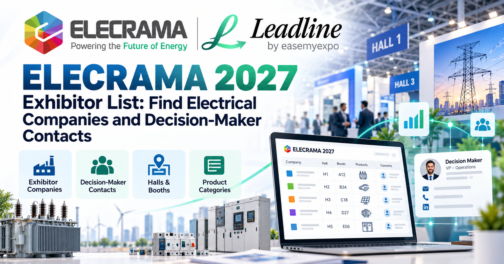 ELECRAMA 2027 exhibitor list with Leadline, electrical companies, halls, booths, product categories and decision-maker contact data.