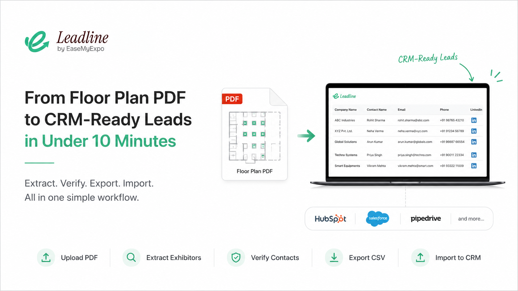 Trade show floor plan PDF converted into CRM-ready exhibitor leads using Leadline