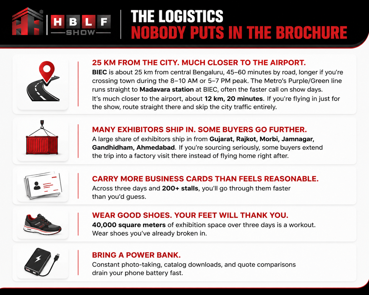 HBLF Show 2026 logistics infographic covering BIEC travel distance, airport access, exhibitor shipping locations, business cards, comfortable shoes, and power bank tips.