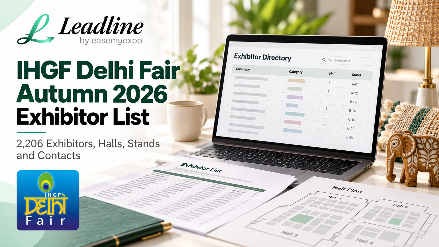 IHGF Delhi Fair Autumn 2026 exhibitor list with Leadline branding, exhibitor directory, hall and stand research.