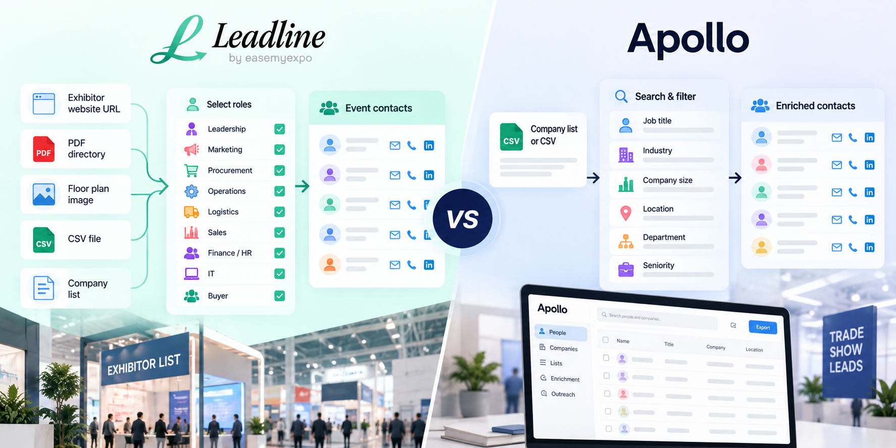 Leadline vs Apollo trade show prospecting workflow comparison for exhibitor lists
