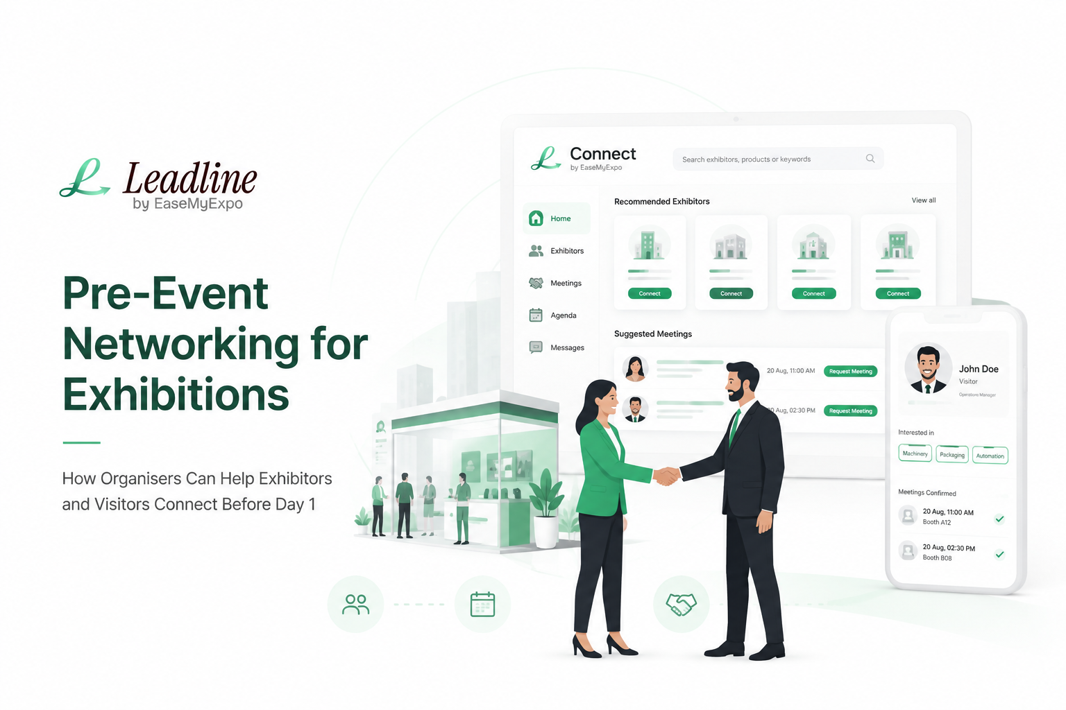 Visitor using Connect by EaseMyExpo mobile app to schedule meetings before an exhibition with AI-powered networking features.