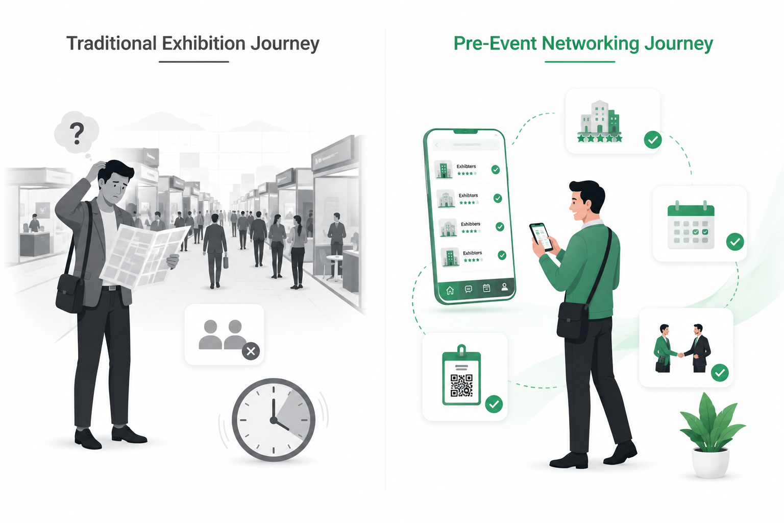 Comparison of traditional exhibition experience versus pre-event networking with Connect by EaseMyExpo for smarter visitor planning.