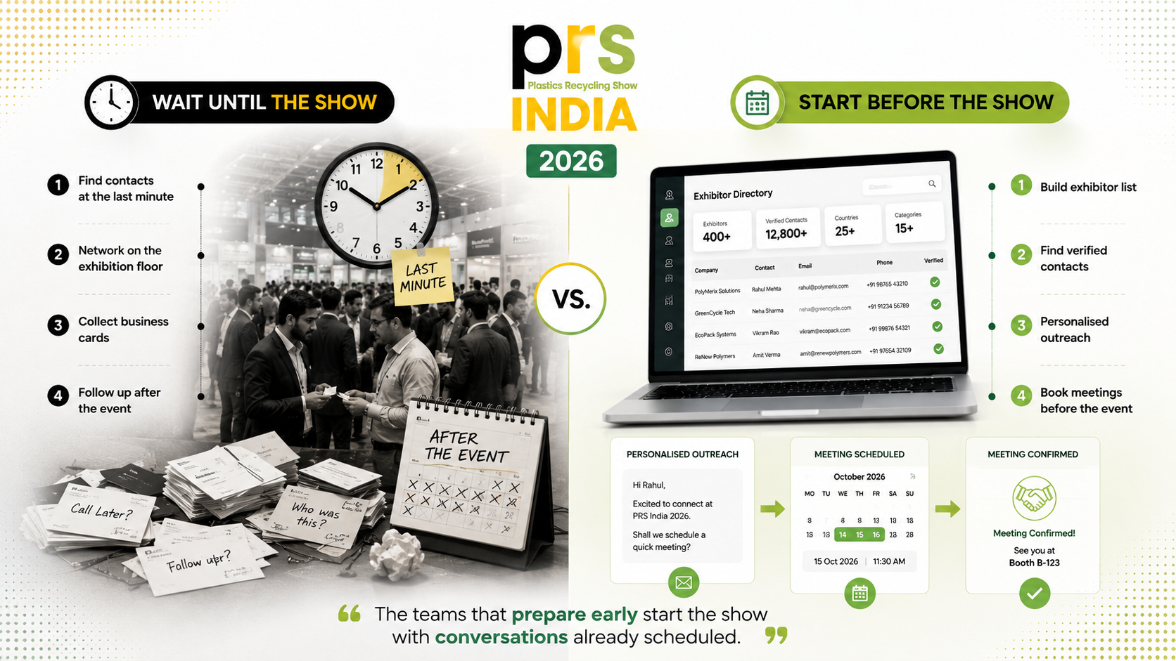 Business visitor reviewing the PRS India 2026 exhibitor directory on a laptop