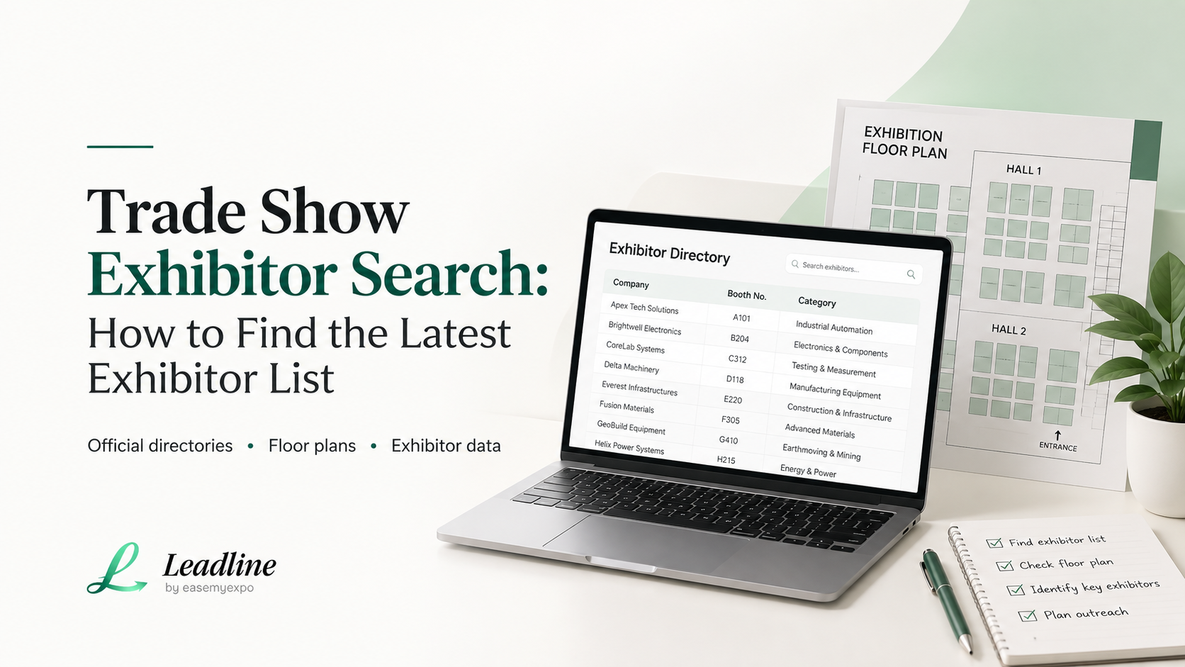 Trade show exhibitor search showing an exhibitor directory and exhibition floor plan.